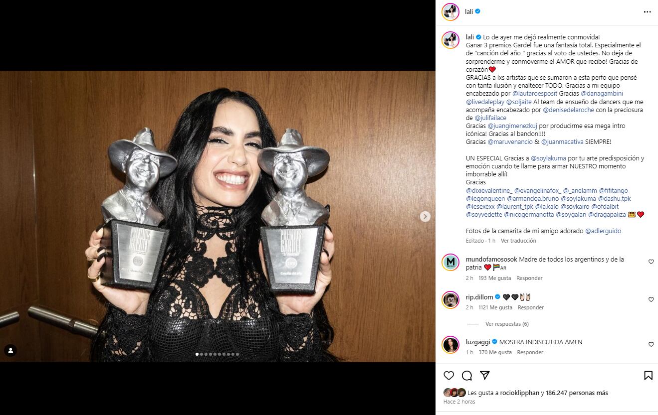 La publicación de Lali fue comentada por Dillom y Luz Gaggi (Foto/Instagram @lali)