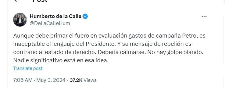 Humberto de la Calle le dijo al presidente que "nadie significativo" está en la idea de un "golpe blando" - crédito @DeLaCalleHum/X