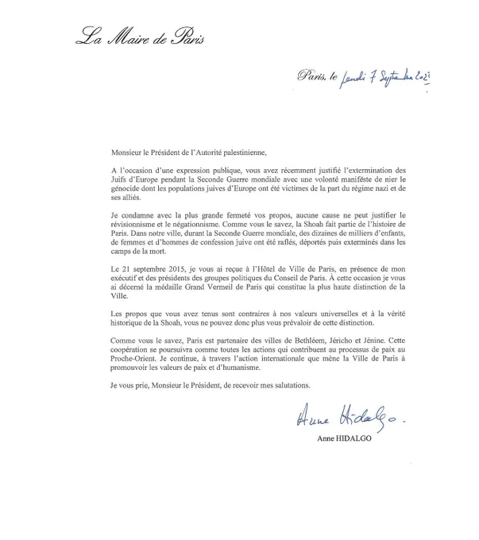 La carta que Anne Hidalgo le escribió a Mahmoud Abbas (@Anne_Hidalgo)
