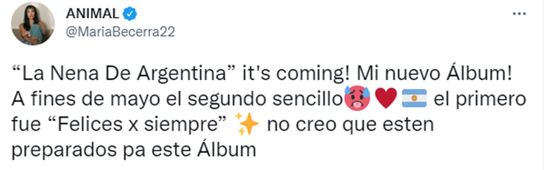 El tweet de María Becerra anunciando el nombre de su próximo disco: se va a llamar La Nena de Argentina