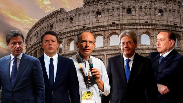 De izquierda a derecha, Giuseppe Conte, Matteo Renzi, Enrico Letta, Paolo Gentiloni y Silvio Berlusconi, los últimos primeros ministros italianos que han tenido que lidiar con la inestabilidad del sistema