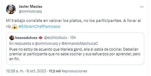 Javier Masías responds to a user who questioned the ending of El Gran Chef Famosos.  (Twitter)