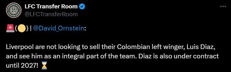 La decisión del Luis Díaz con Luis Díaz es que continúe en el equipo para la próxima temporada - crédito @LFCTransferRoom/X