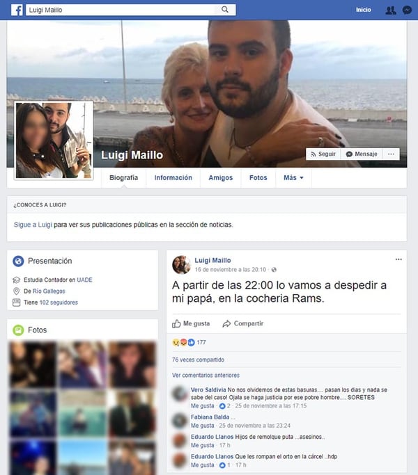 Luis Maillo junto a su madre Susana publicó en las redes sociales el anunció del sepelio de su padre. Cuando se conoció la noticia del plan criminal su cuenta de Facebook se llenó de insultos