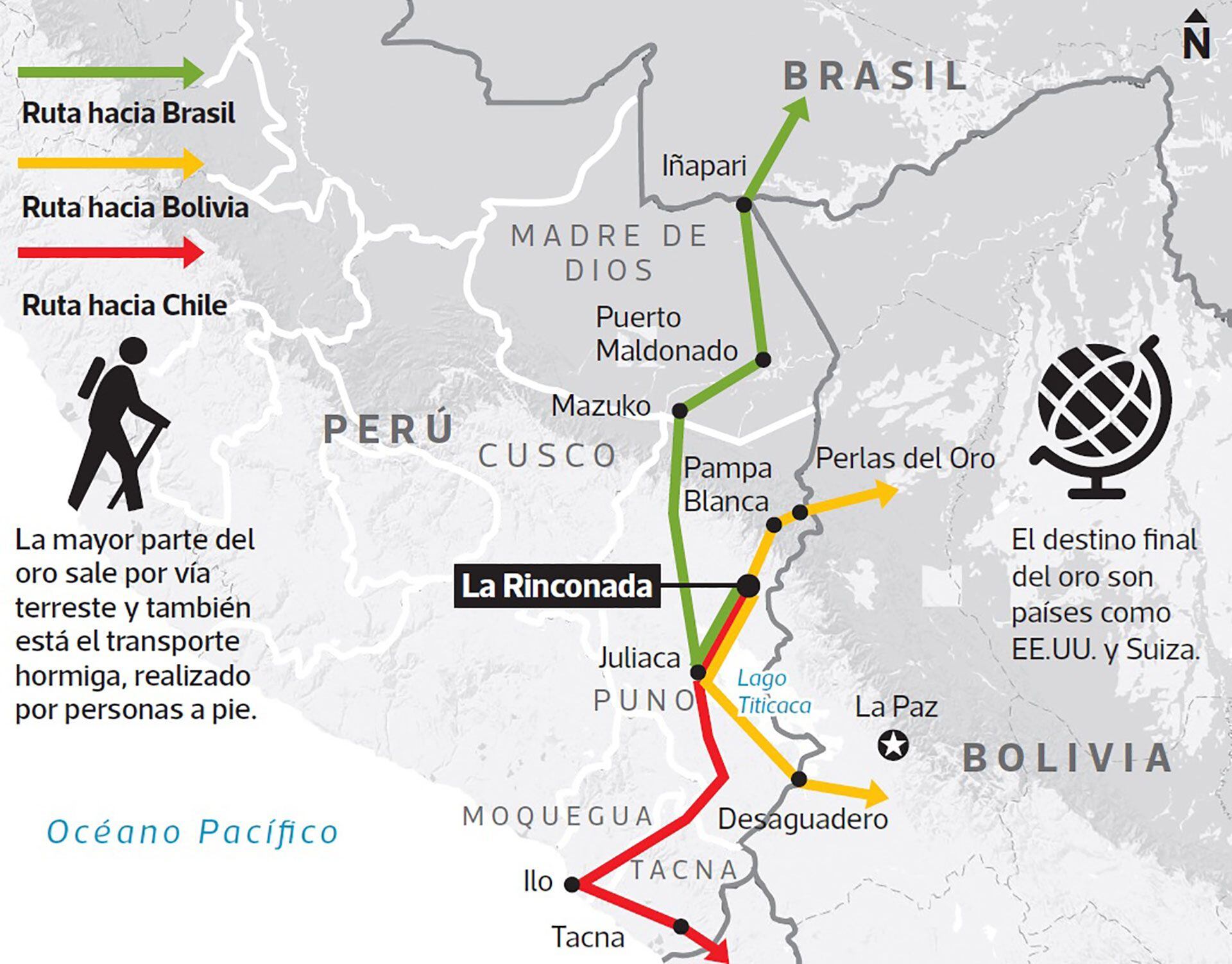 Gráfico de las vías por donde sale el oro ilegal de Perú (El Comercio - Perú)