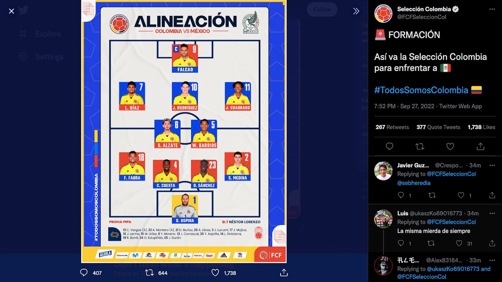Alineación de la selección Colombia contra México este martes 27 de septiembre de 2022 / (Twitter: @FCFSeleccionCol)