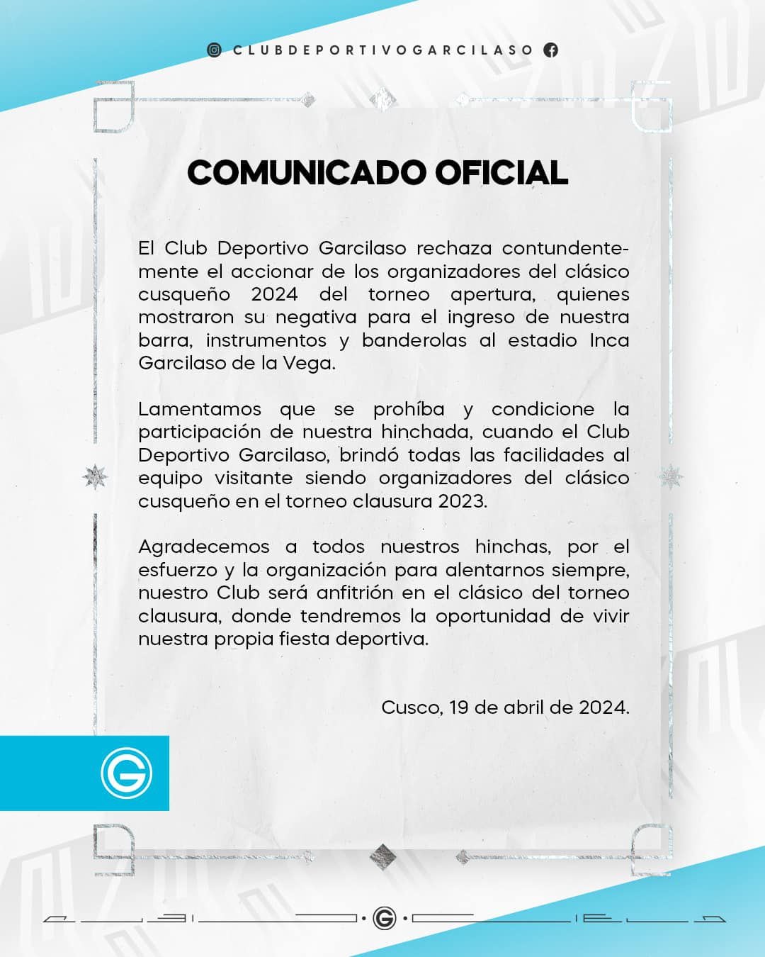 Reclamo de Deportivo Garcilaso por malos tratos a su hinchada por parte de Cienciano.