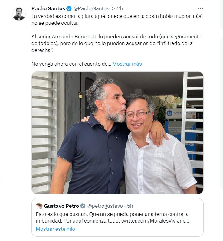 El expresidente de Colombia se refirió a los audios filtrados en los que Benedetti habló sobre la campaña presidencial de Gustavo Petro y el ingreso de 15.000 millones de pesos a la misma.
Twitter (@PachoSantosC)