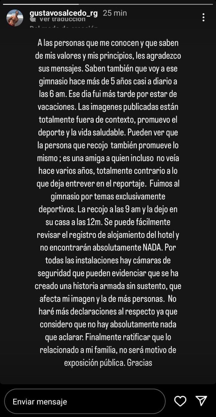 Gustavo Salcedo se pronunció en sus redes sociales. Instagram/@gustavosalcedo_rg