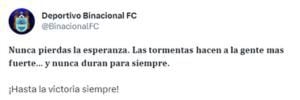 Publicación de Deportivo Binacional finalizado el duelo ante Alianza Lima. (Foto: Binacional)