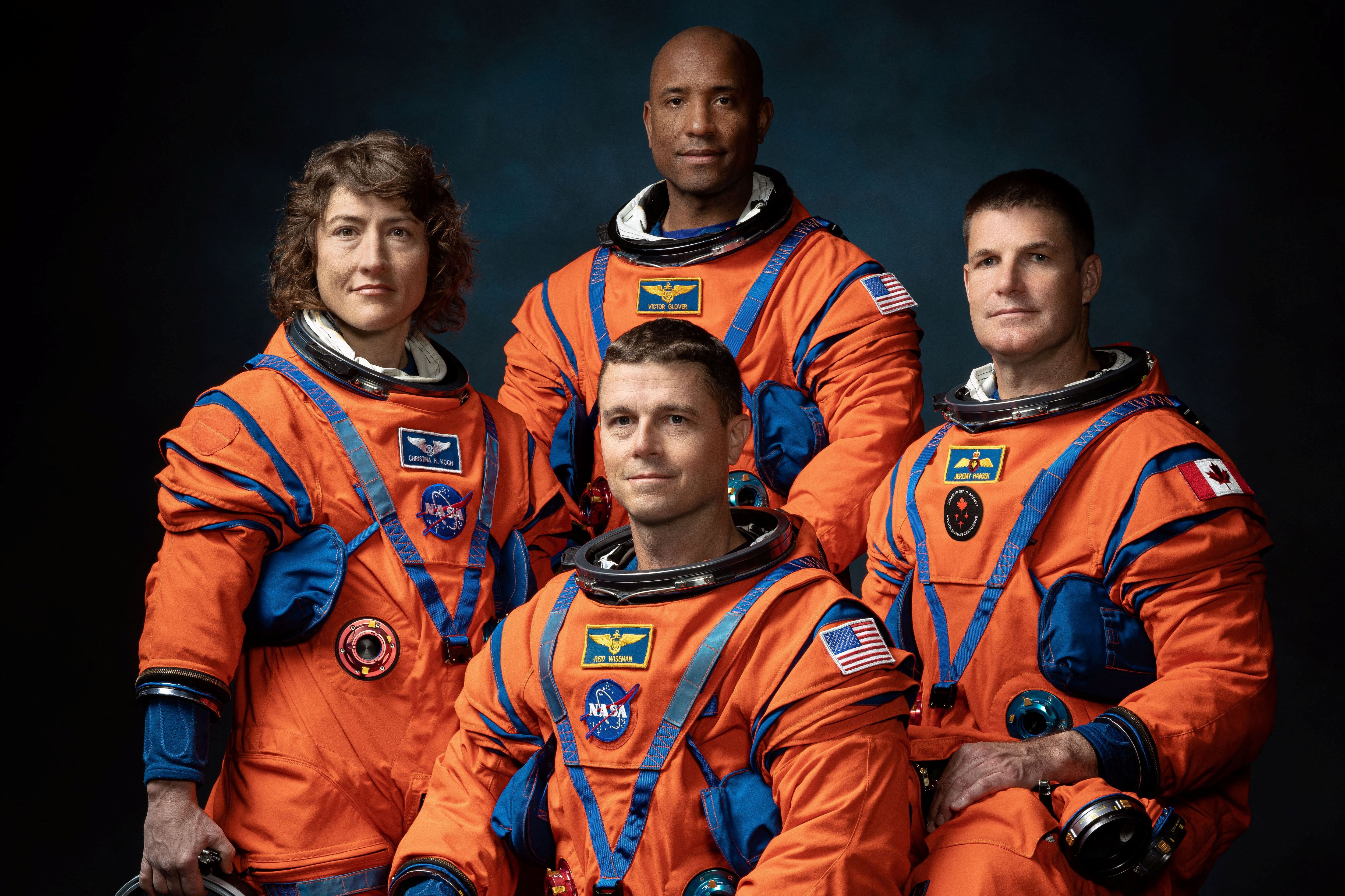 Christina Koch, Victor Glover, Reid Wiseman y Jeremy Hansen fueron los cuatro astronautas designados por la NASA y la CSA para tripular Artemis II (NASA)
