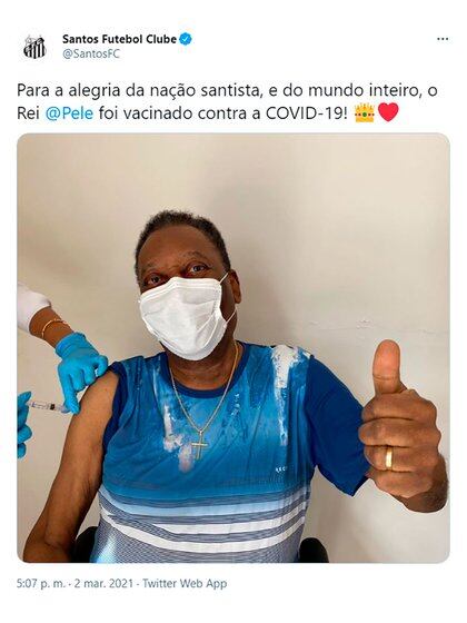 El mensaje del Santos por la vacunación de Pelé (@SantosFC).