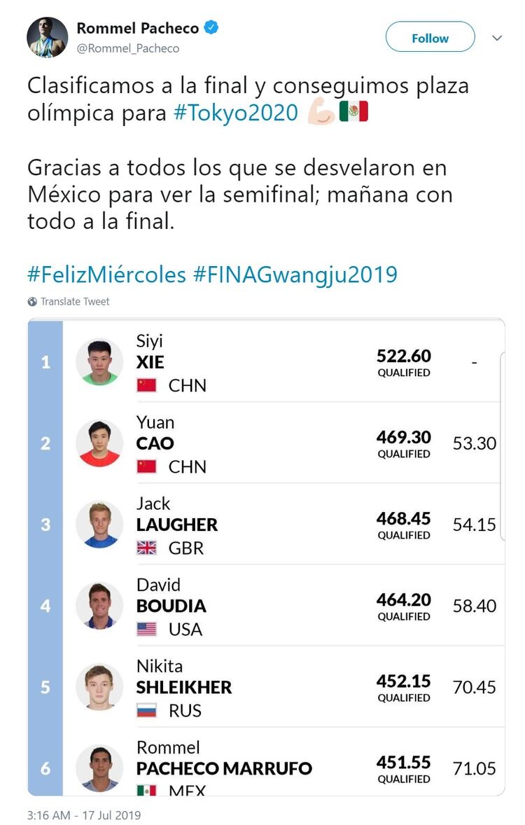 La Federación Mexicana de Natación celebró en sus redes sociales que Rommel Pacheco haya obtenido su plaza para las Olimpiadas en 2020 (Foto: Twitter)