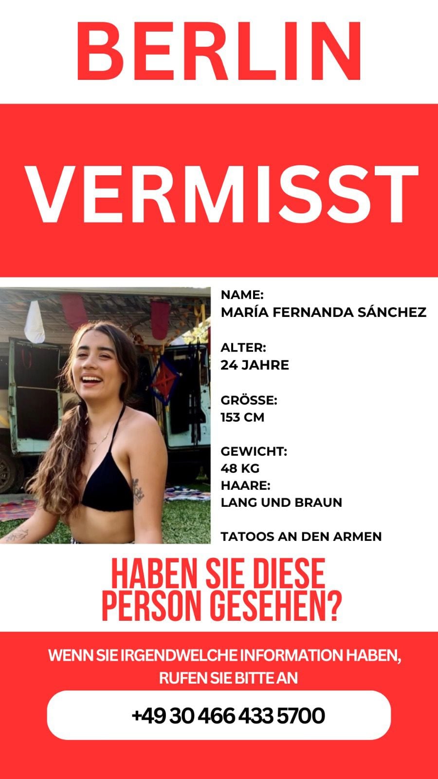 María Fernanad tiene 24 años y según las autoridades alemanas se encuentra en una situación psicológica excepcional (Foto: Policía de Berlín)