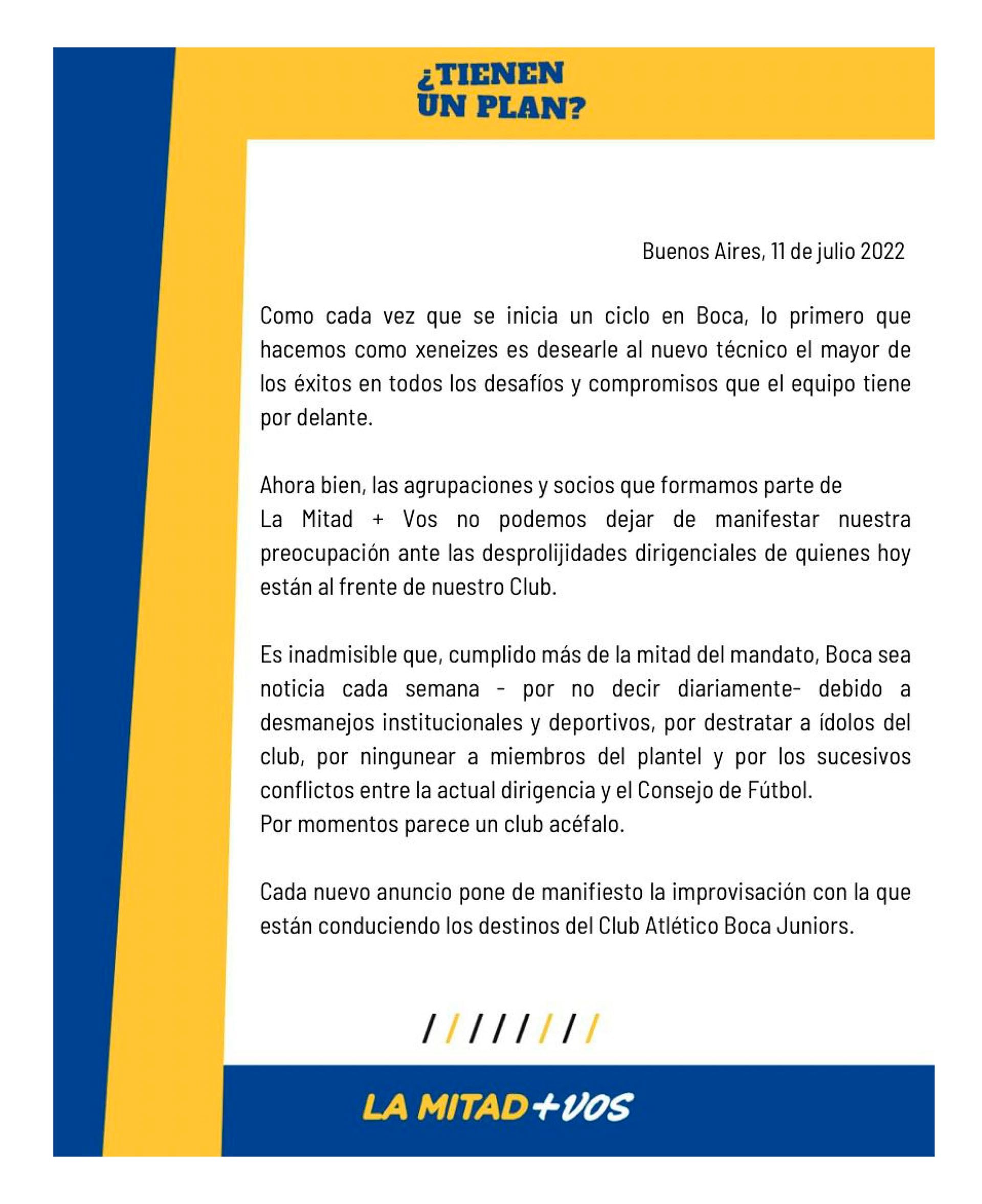Fuerte comunicado de la oposición de Boca Juniors