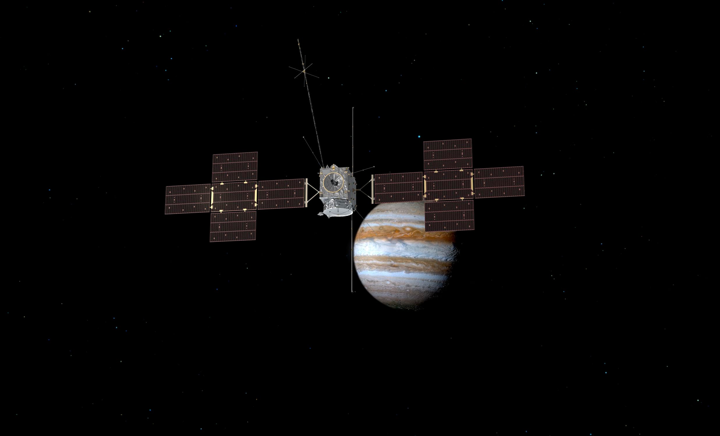 La imagen distribuida por la Agencia Espacial Europea muestra el explorador de Júpiter y sus lunas Juice, en órbita alrededor del gran planeta gaseoso. (AEE/ATG Medialab via AP)