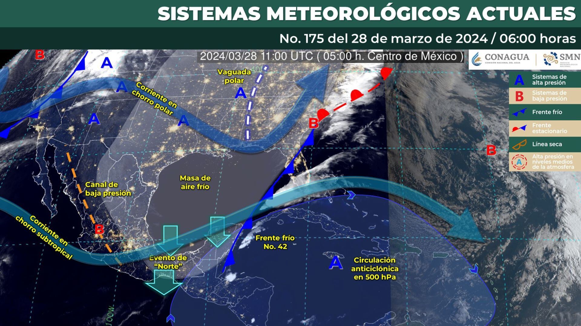 Mapa de los sistemas meteorológicos que influirán en el clima de méxico para este jueves 28 de marzo