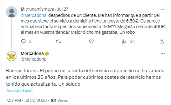 Mercadona explica en Twitter la subida de precio de sus envíos a domicilio (Twitter).