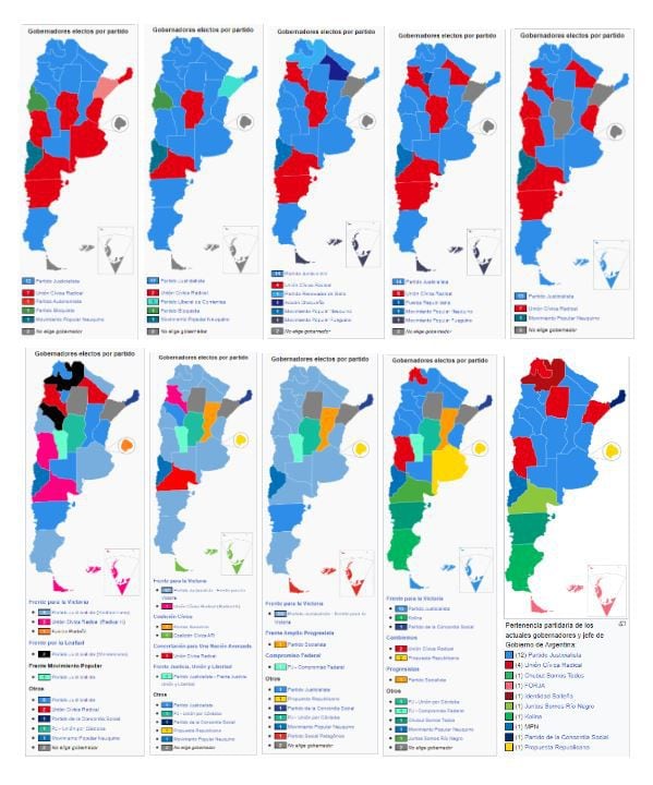 Peronismo vs Radicalismo: el mapa de los gobernadores de 1983 a 2019 (fuente Wikipeda)