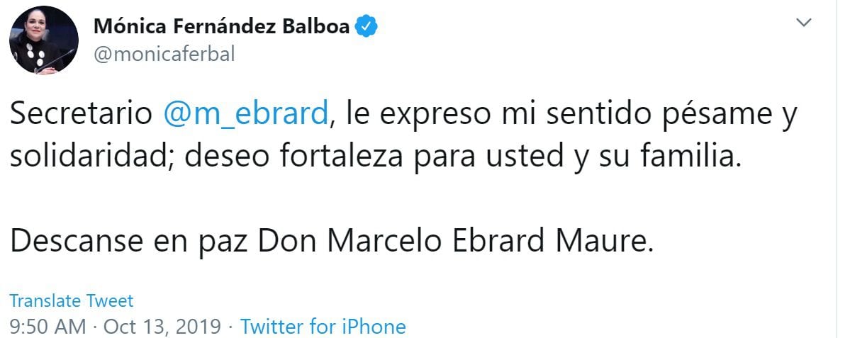 La presidenta de la Mesa Directiva del Senado de la República, Mónica Fernández Balboa, le dio su pésame al funcionario (Foto: Twitter)