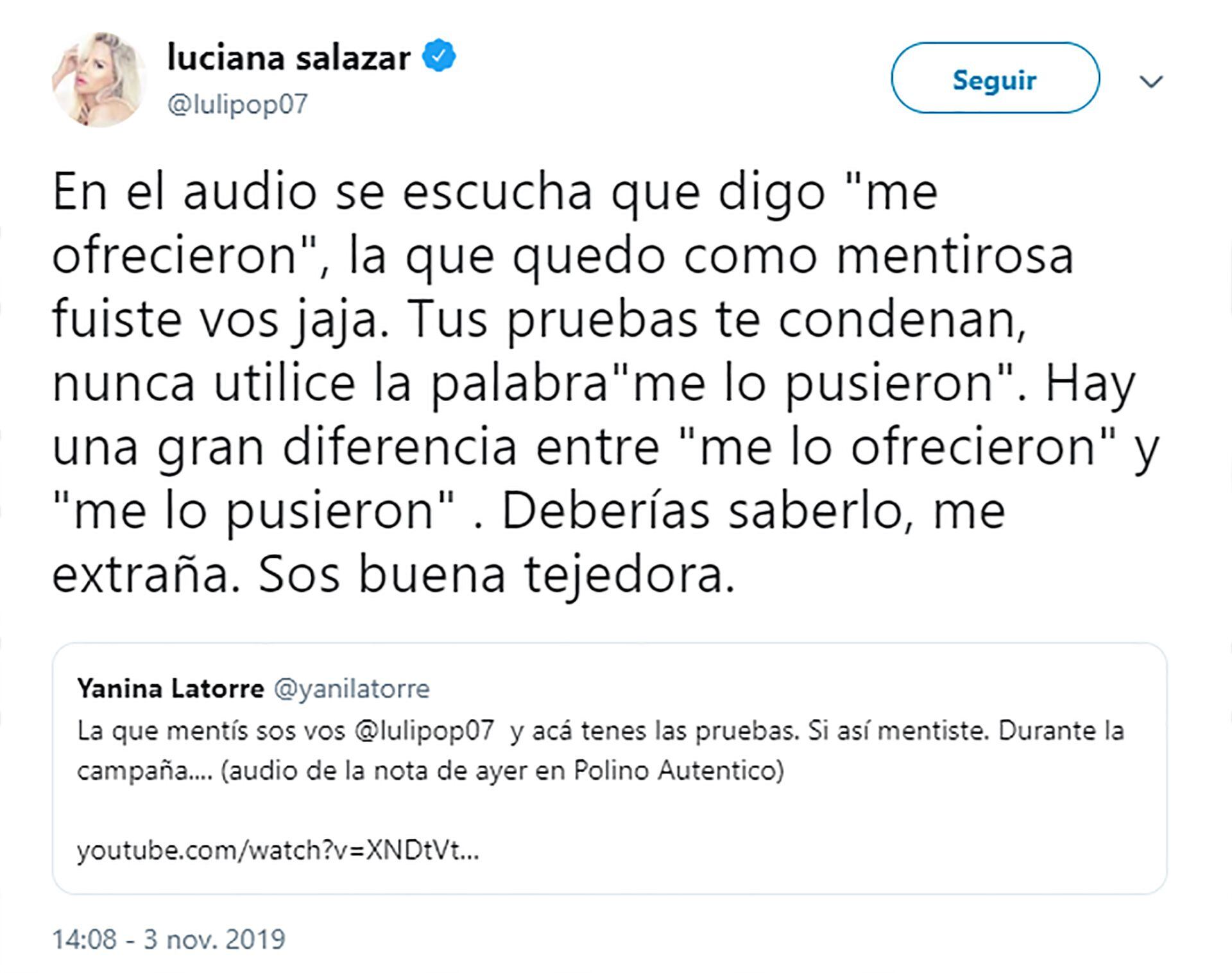 Fuerte cruce entre Luciana Salazar y Yanina Latorre (Fuente: twitter)