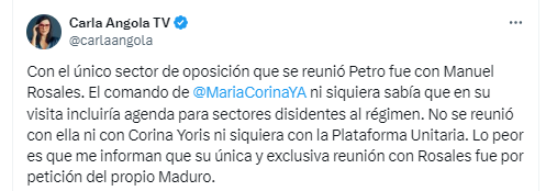 La periodista aseguró que la reunión de Petro con Manuel Rosales fue solicitada por Maduro - crédito @carlaangola/X