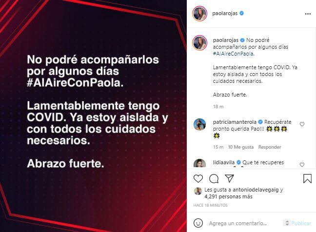 Paola Rojas anunció su contagio después de que se difundiera el rumor de que una presentadora de "Netas Divinas" había dado positivo a la prueba (Foto: Instagram/@paolarojas)