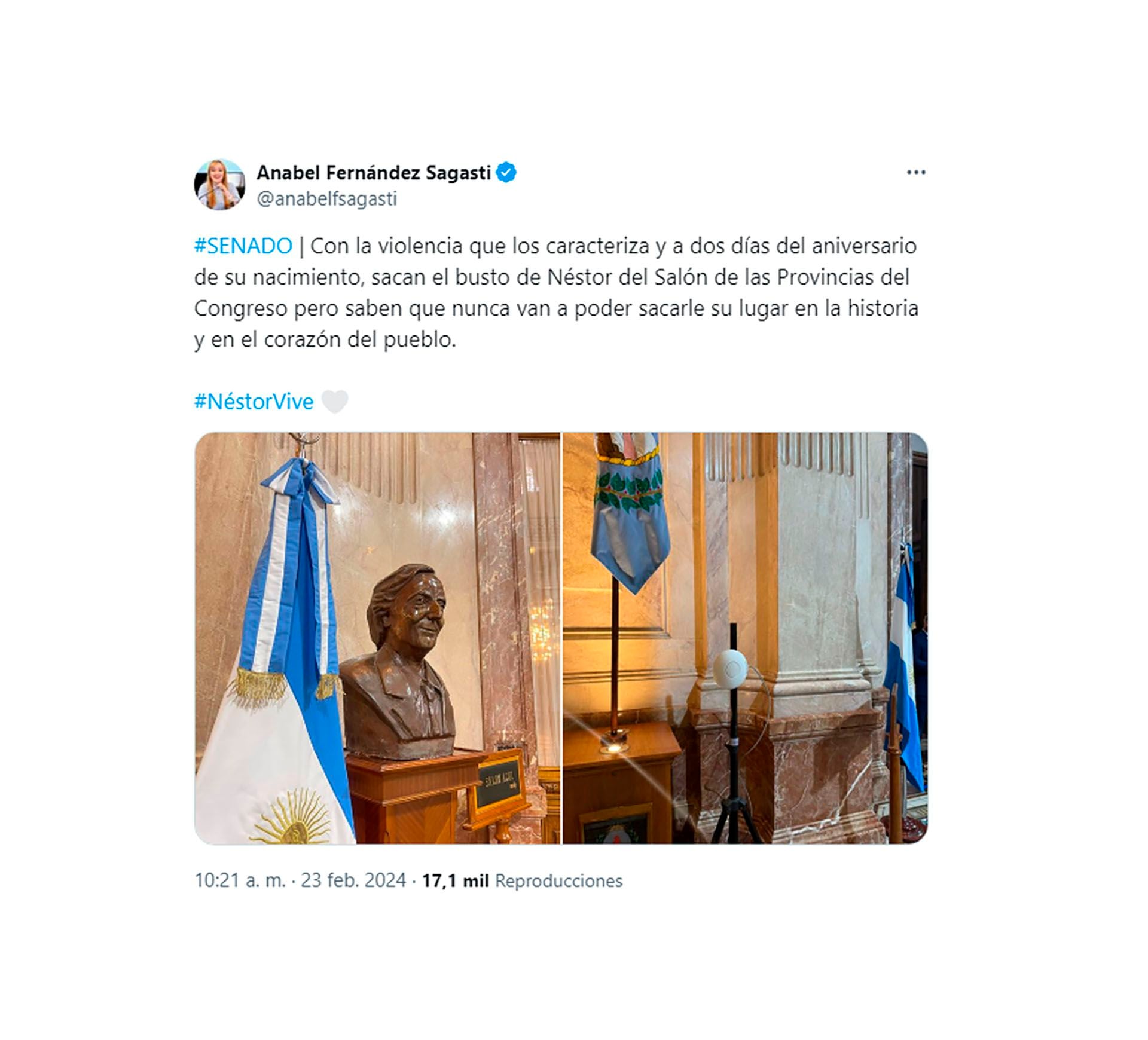 senadora Fernández Sagasti sobre el retiro de un busto de Néstor Kirchner del Senado tuit