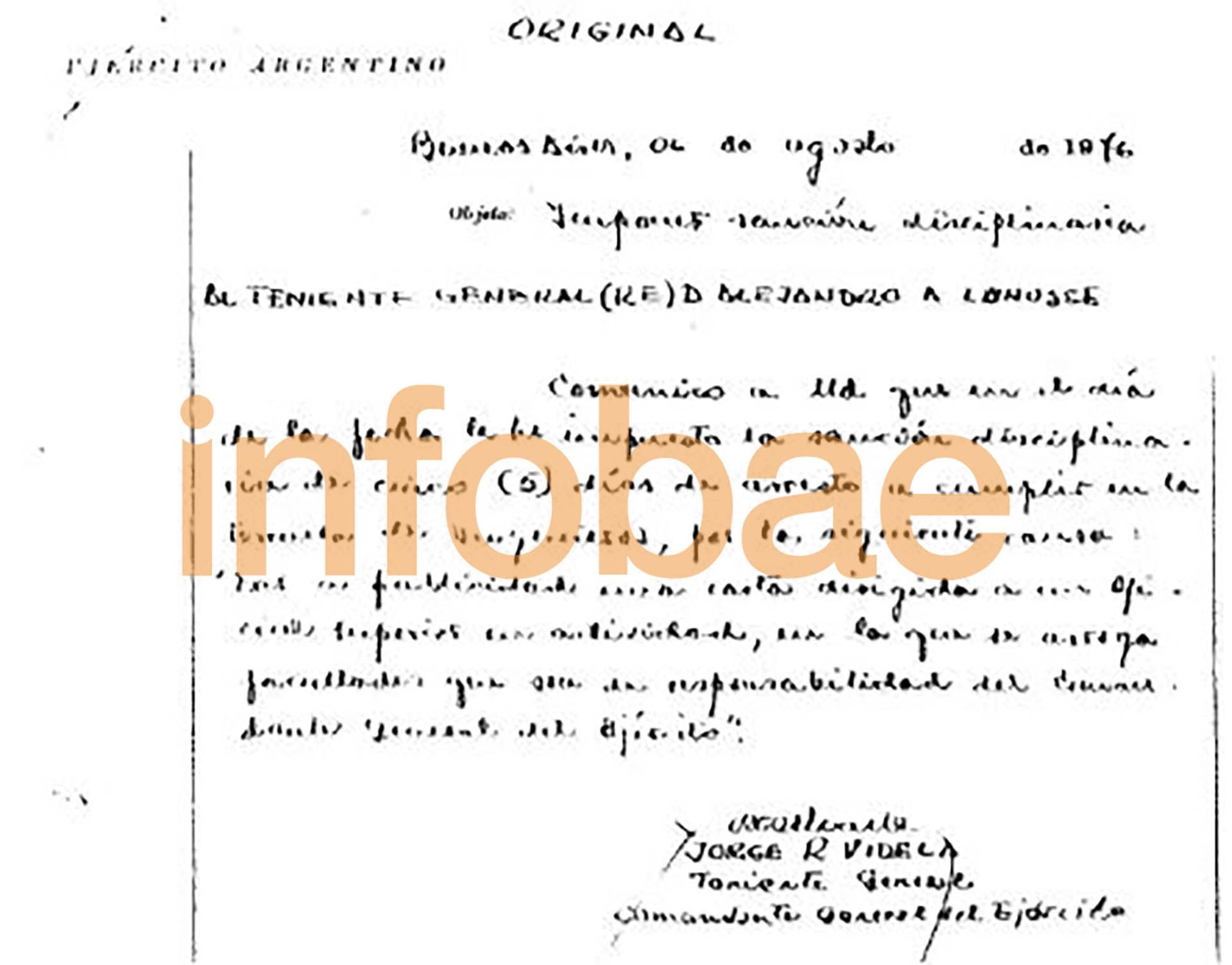 Sanción de Videla a Lanusse por “dar a publicidad una carta dirigida a un Oficial Superior en actividad, en la que se arroga facultades que son responsabilidad del Comandante en Jefe del Ejército”