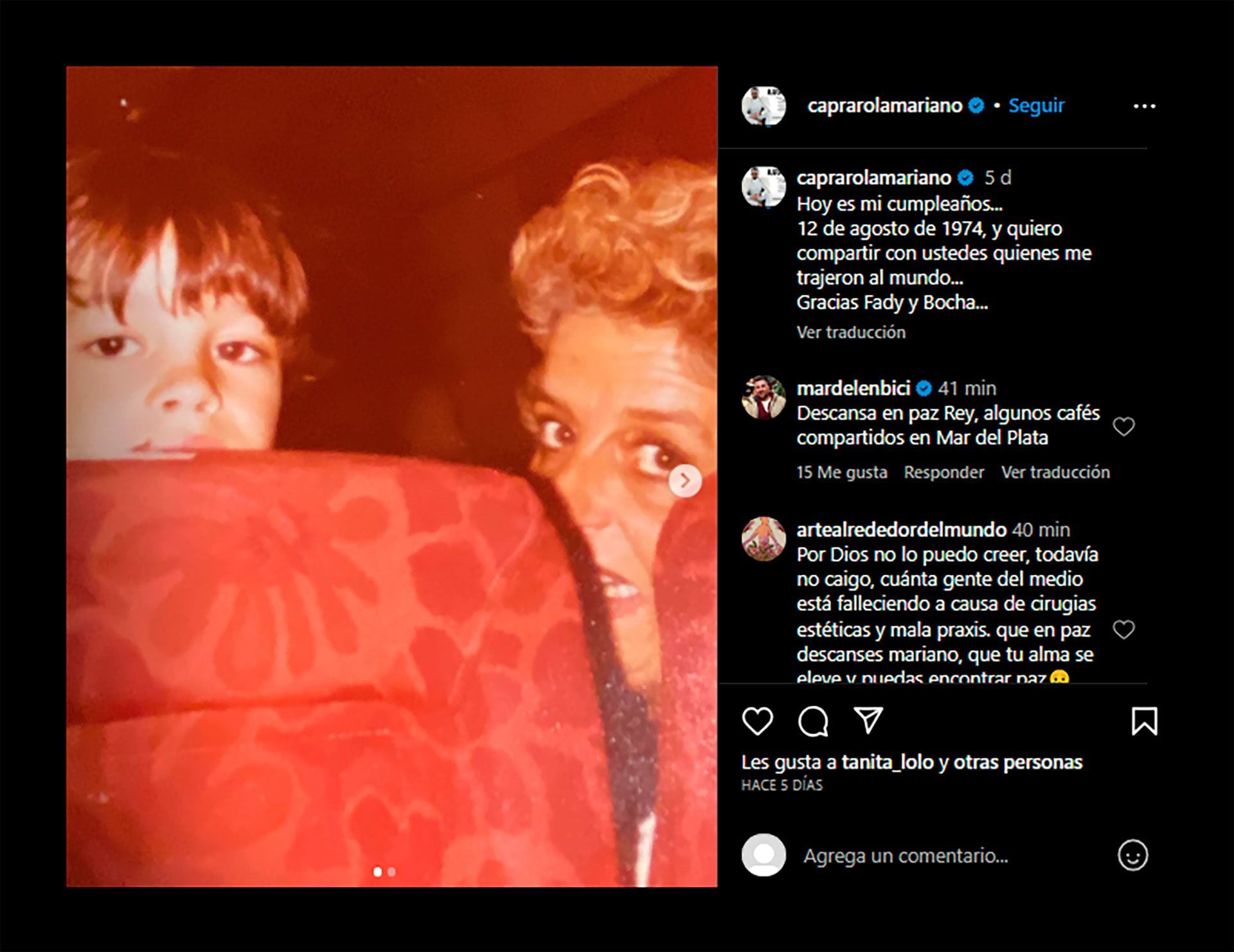 El último mensaje en las redes sociales de Mariano Caprarola antes de morir se lo dedicó a sus padres (Instagram)