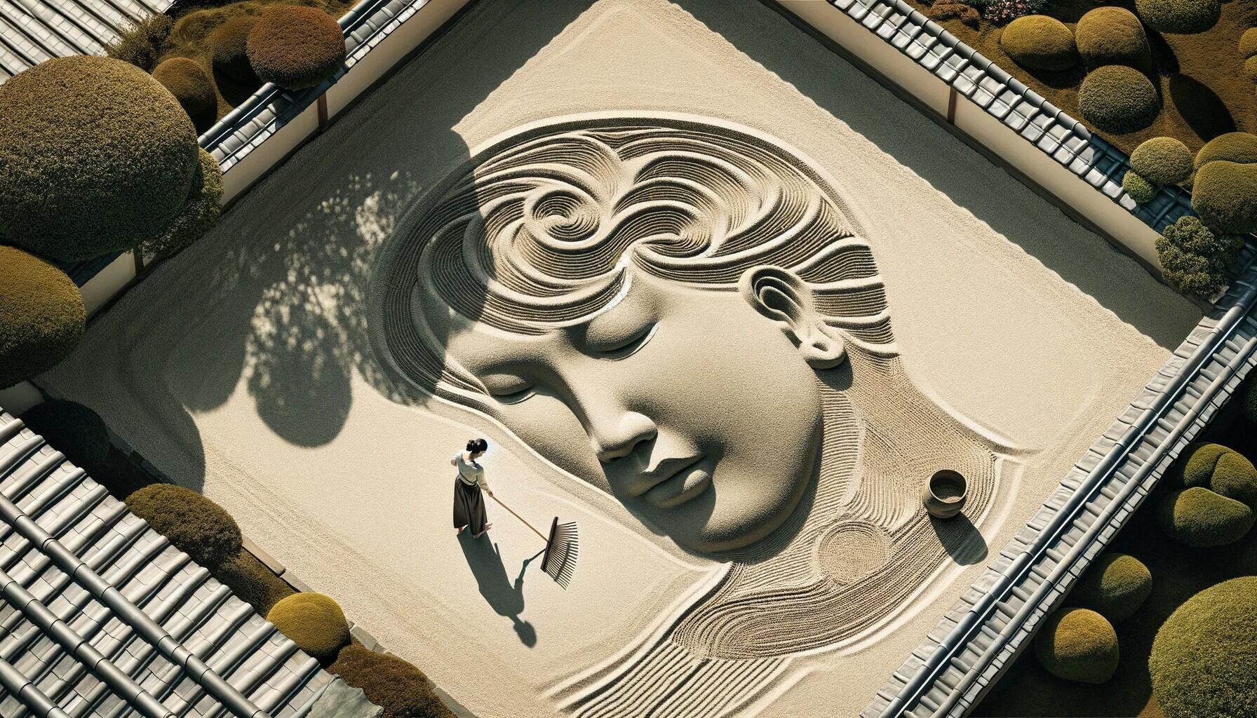Composición visual de un jardín Zen con una cabeza en silueta, simbolizando el equilibrio y la serenidad mental. La fotografía captura la conexión entre la naturaleza, la psicología y técnicas de relajación como la meditación, enfatizando la búsqueda de la paz interior. (Imagen ilustrativa Infobae)