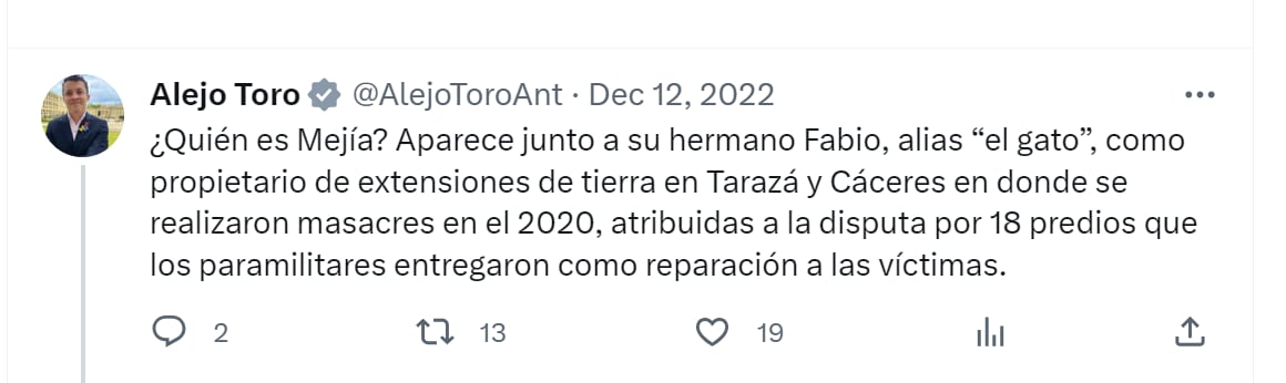 El representante a la Cámara Alejandro Toro hizo señalamientos en contra del empresario Juan Carlos Gustavo Mejía Uribe - crédito @AlejoToroAnt/X