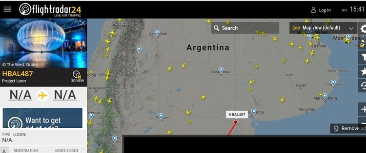 La captura donde se ven los globos del Proyecto Loon sobrevolando el espacio aÃ©reo argentino (Flight Radar)