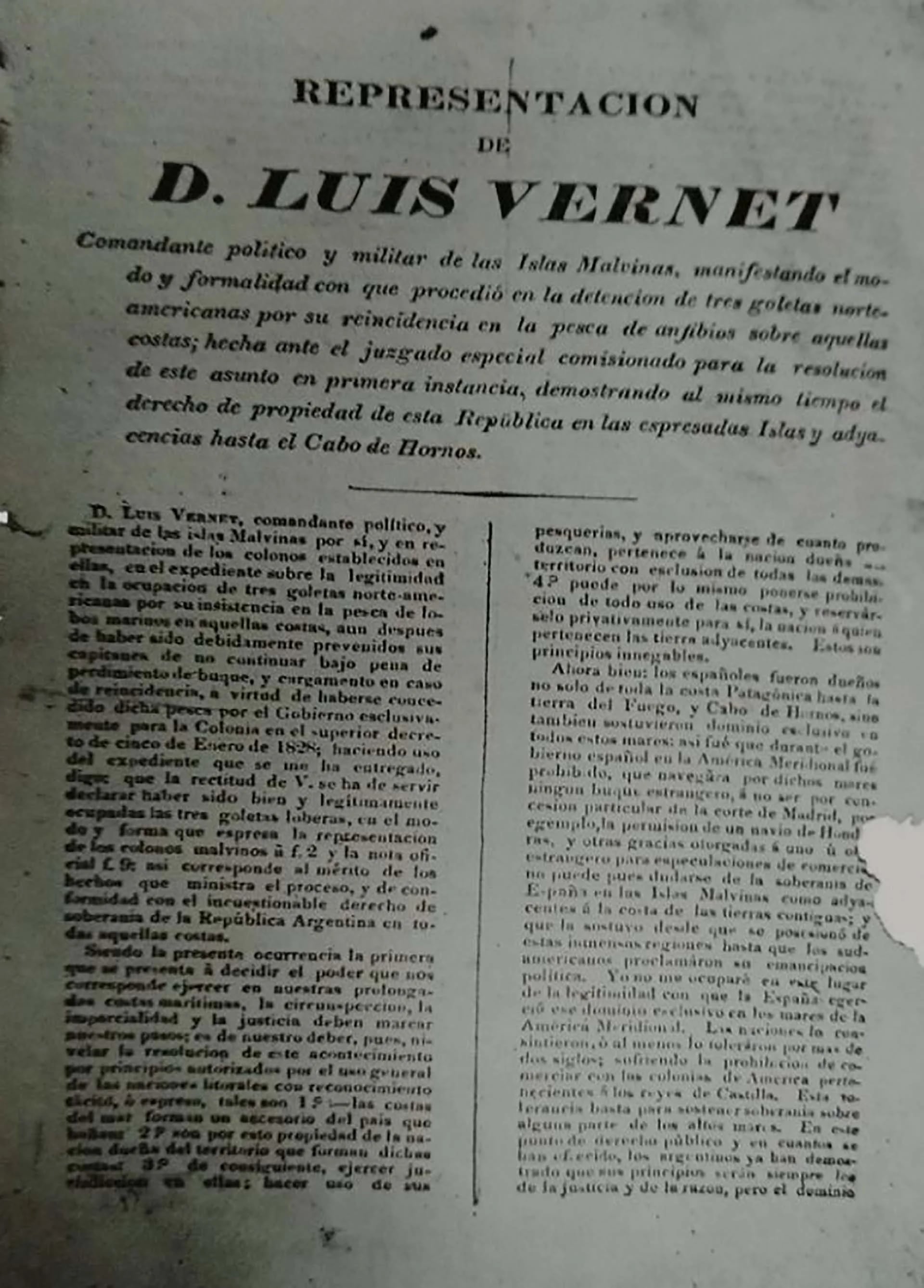 Texto presentado por Luis Vernet en el marco del conflicto con los norteamericanos