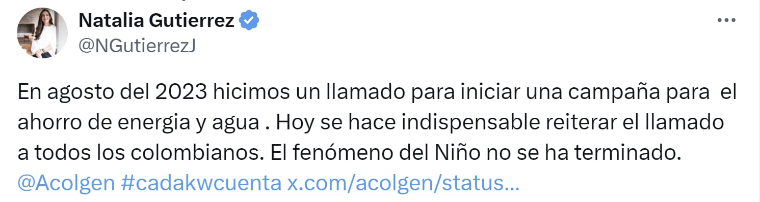 Natalia Gutiérrez, presidenta de Acolgen, reiteró que el fenómeno de El Niño no se ha terminado - crédito X