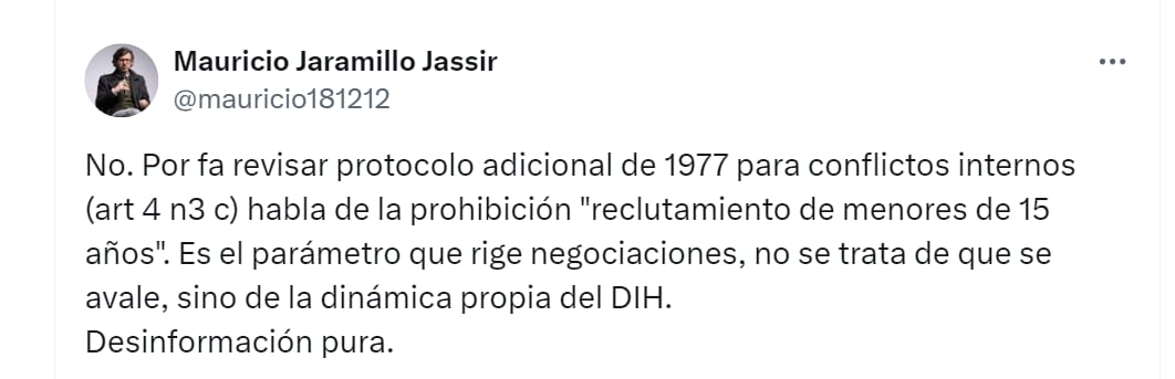 Mauricio Jaramillo Jassir explicó el parámetro con el que se rige en negociaciones, en torno al reclutamiento de menores de edad - crédito @mauricio181212/X