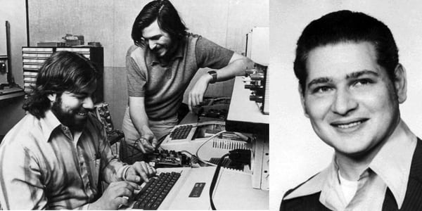 A la izquierda, Steve Jobs y Steve Wozniak en la célebre foto del garaje donde crearon la firma Apple. Pero falta un tercer fundador, el de la foto de la derecha, Ronald Wayne