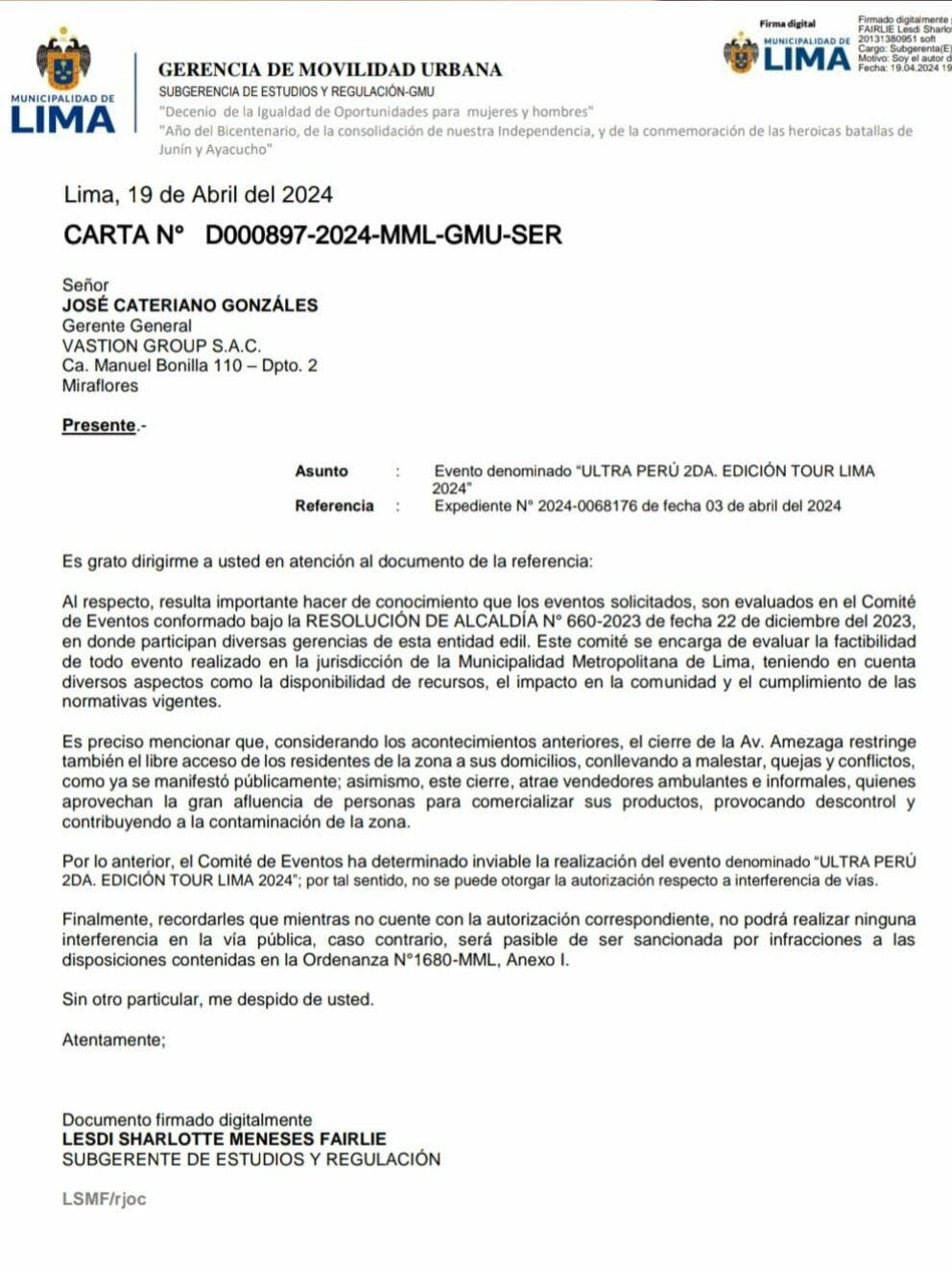 Comunicado de la Municipalidad de Lima a Vastion Gruop, empresa organizadora del Ultra Perú 2024, donde le detalla los motivos del cierre. Twitter.