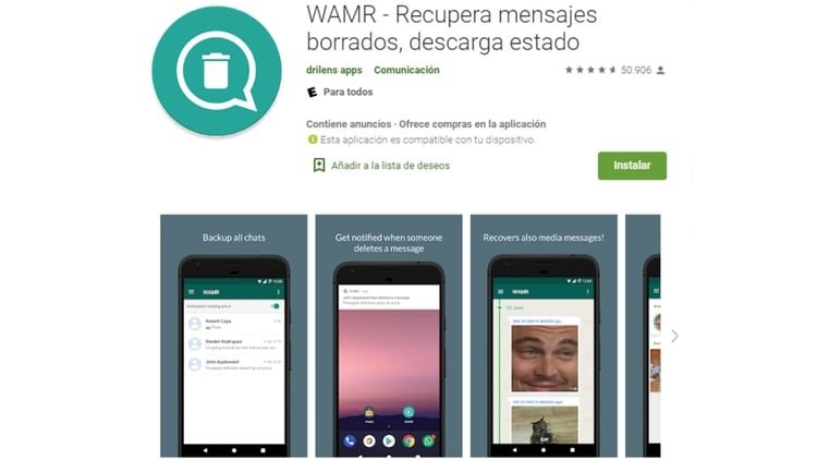 WAMR sólo está disponible para dispositivos con Android, en los iPhone no se puede descargar (Foto: Captura de Pantalla)