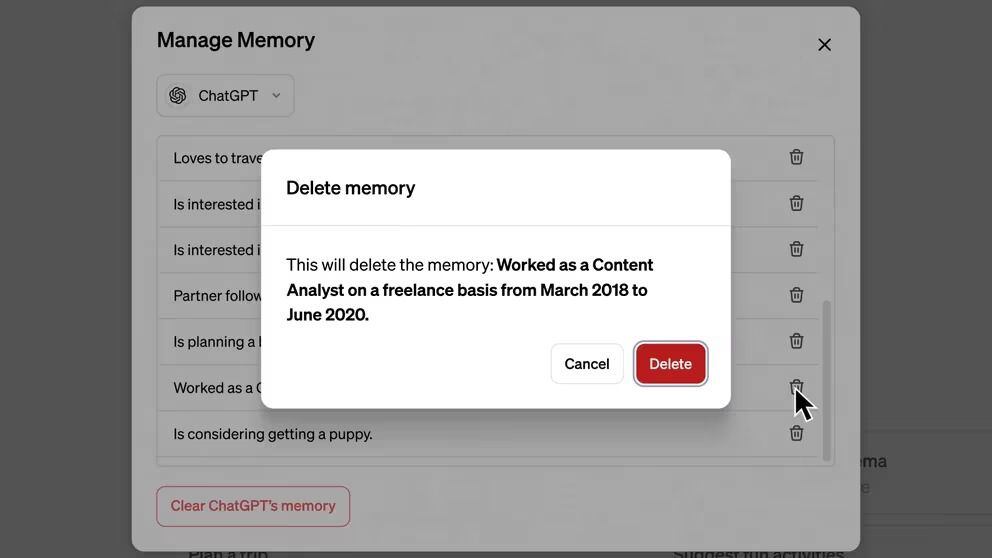 También existe la opción de eliminar toda la memoria. (OpenAI)