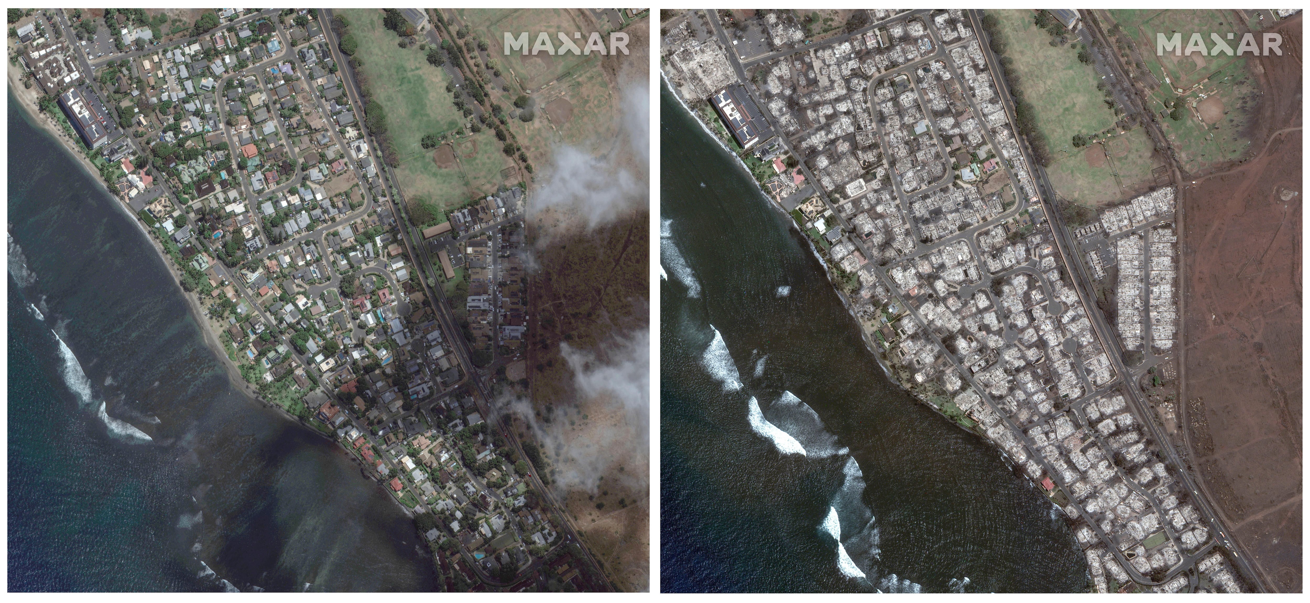 Esta combinación de imágenes de satélite proporcionadas por Maxar Technologies muestra una vista general del sur de Lahaina en Maui, Hawai, el 25 de junio de 2023, izquierda, y una vista general de la misma zona el miércoles 9 de agosto, tras un incendio forestal que arrasó el corazón de la isla hawaiana. (Maxar Technologies vía AP)