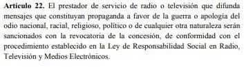 Artículo 22 de la ley contra el odio Venezuela