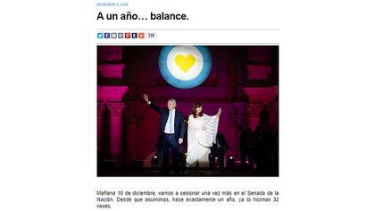 El balance que hizo Cristina Kirchner del primer año de gestión, su última publicación en las redes