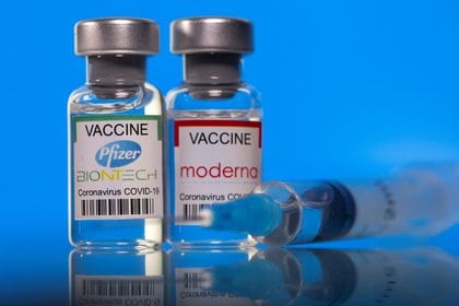 Viales con las etiquetas de la vacuna contra el COVID-19 de Pfizer-BioNTech y Moderna (REUTERS/Dado Ruvic)