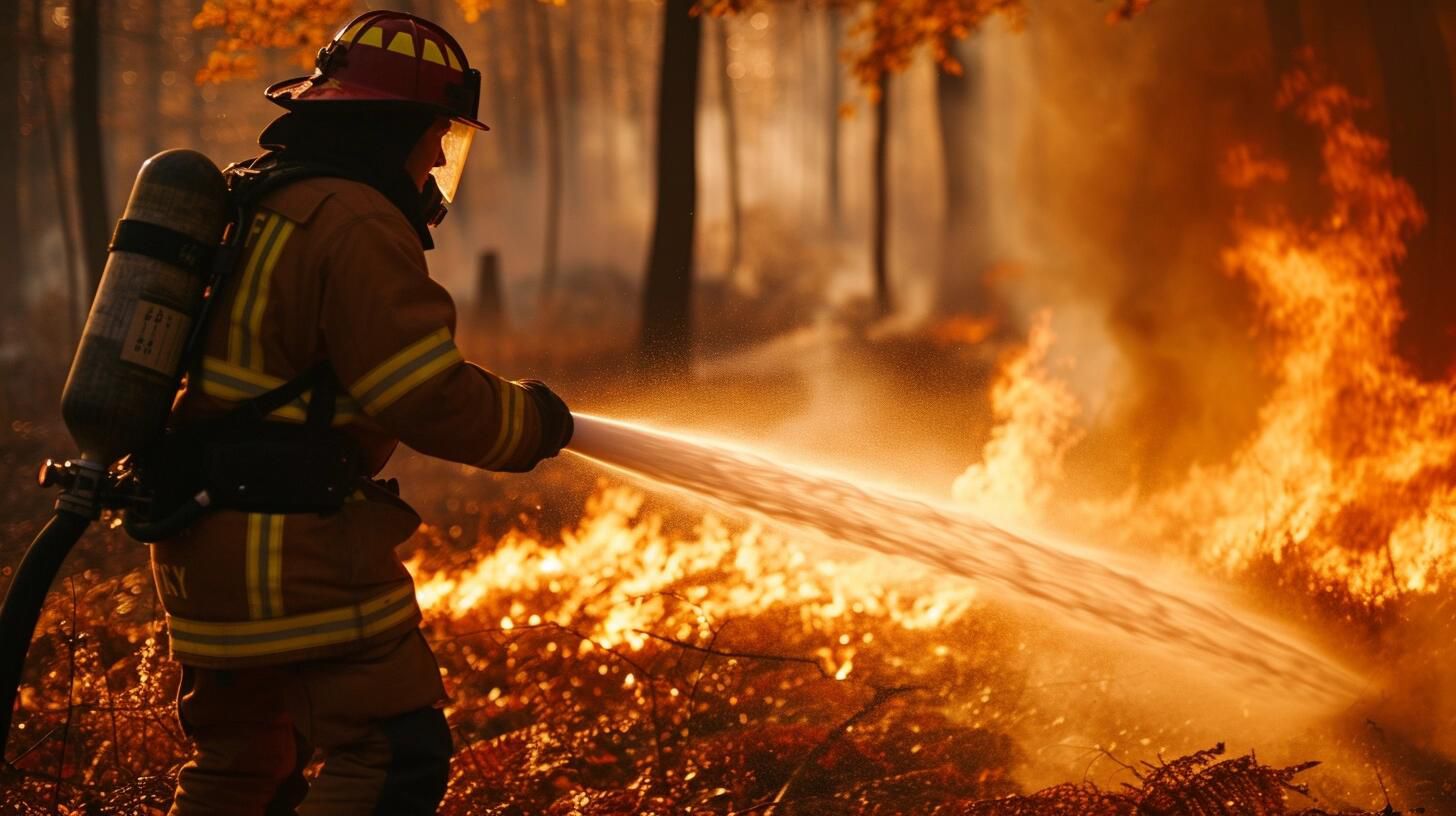 Profesional en extinción de incendios trabaja arduamente para apagar el fuego en una quema de bosque, evidenciando los efectos del calentamiento global y el cambio climático en la selva. (Imagen ilustrativa Infobae).