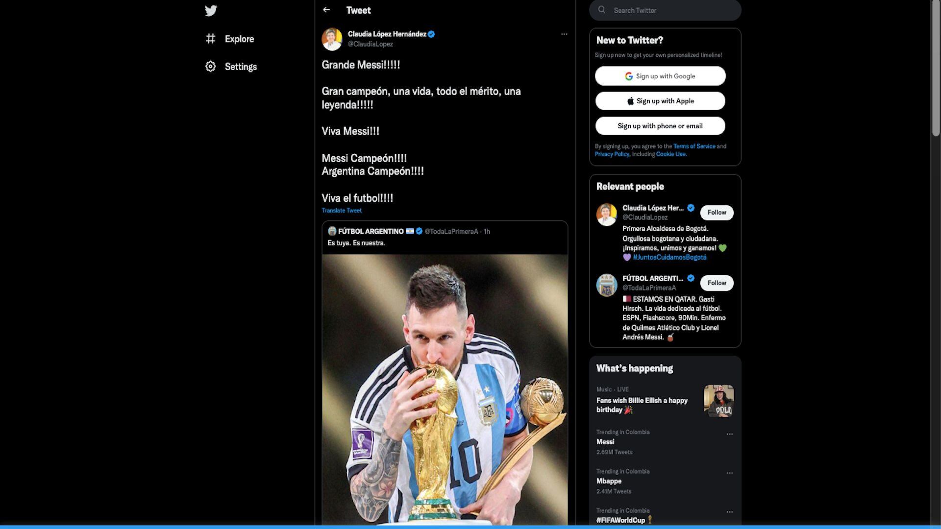 Claudia López felicita a Messi y a Argentina el domingo 18 de diciembre de 2022 / (Twitter: @claudialopez)