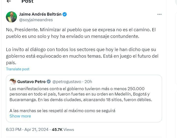 Jaime Andrés Beltrán le responde al presidente Petro - crédito @soyjaimeandres