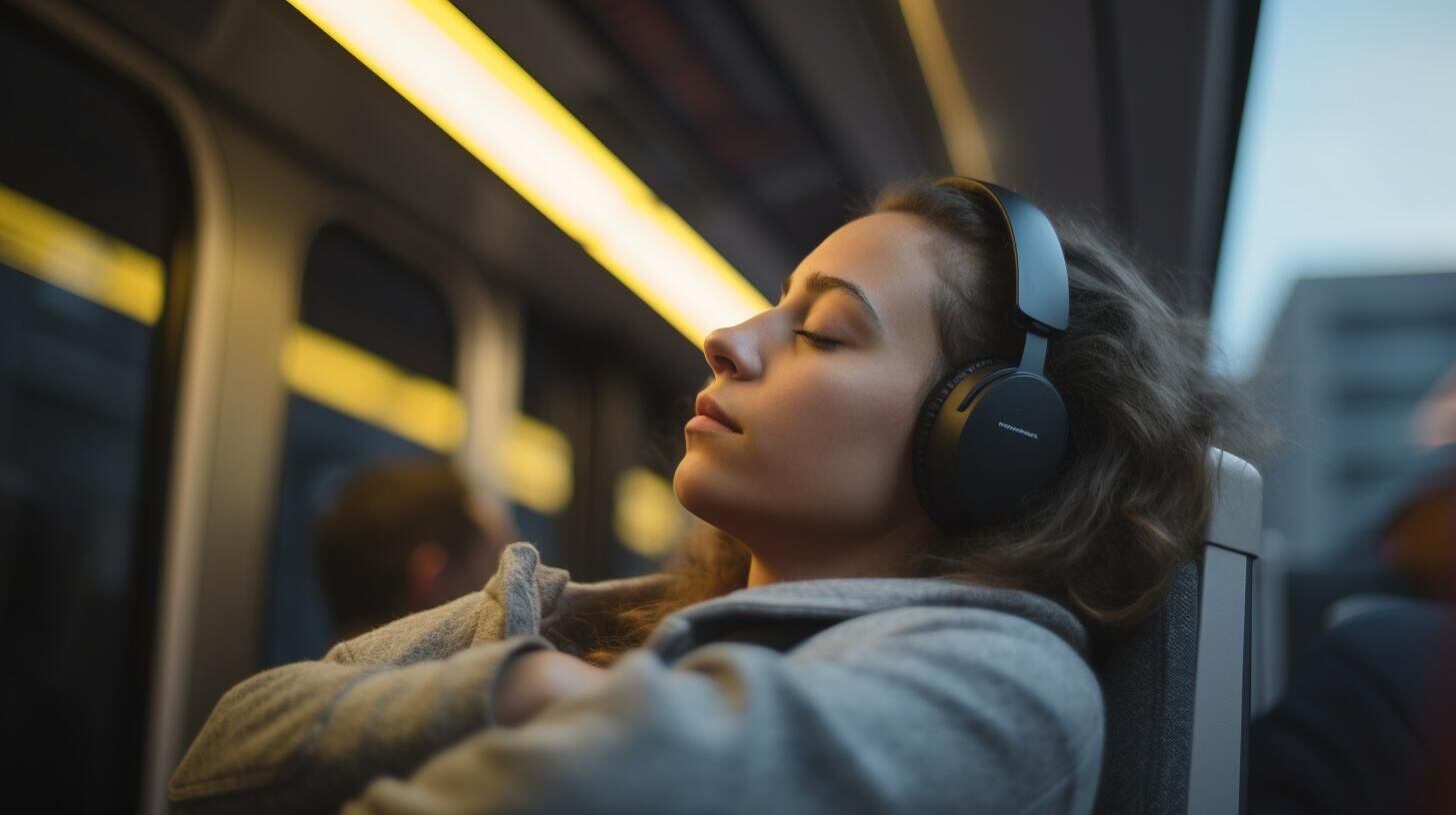Mujer en transporte público, escuchando música con auriculares y disfrutando del viaje. Su expresión refleja serenidad y placer en medio del ajetreo urbano. (Imagen ilustrativa Infobae)