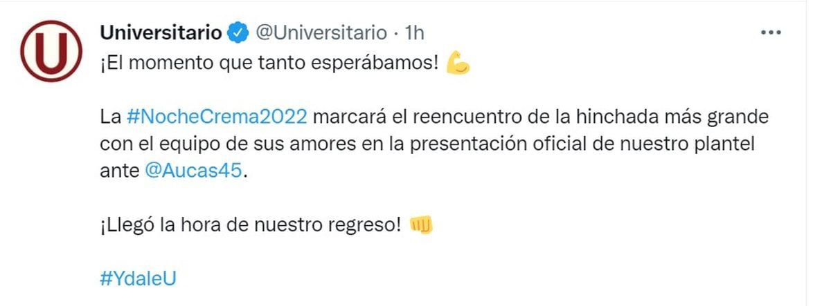 Universitario vs Aucas: ‘Noche Crema 2022′ se jugará el próximo 29 de enero en el Monumental (Foto: Universitario)