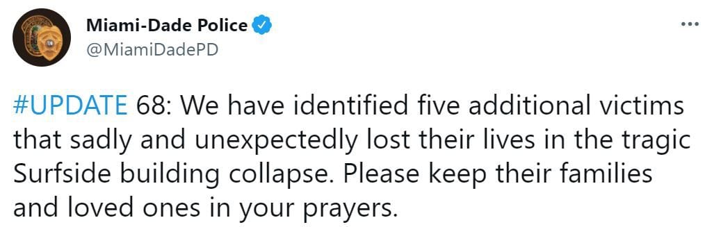 El tuit de la Policía de Miami en el que confirmaron el hallazgo de otros cinco cuerpos, entre los cuales estaba el de la argentina